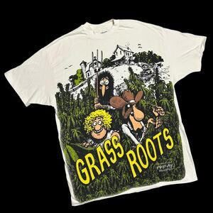 RARE Vintage 90s Fabulous Furry Freak Brothers Grass Roots AOP Tee Shirt 420 XL
